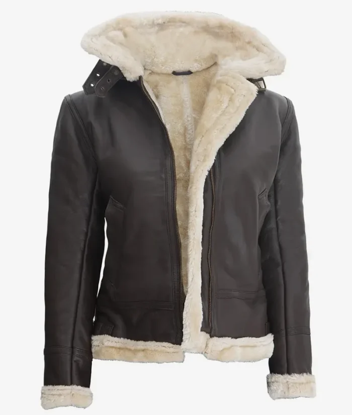 Women's Dark Brown Hooded Shearling Leather Jacket – Warm, Stylish & Cozy Outerwear
