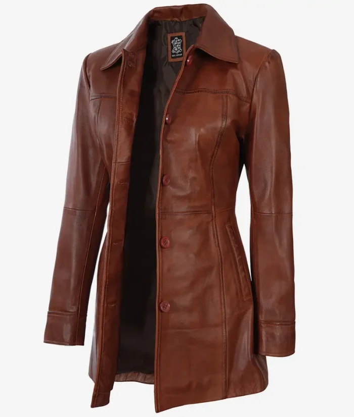 Women's Petite Cognac Brown Leather 3/4 Length Coat – Elegant, Slim Fit, Premium Outerwear