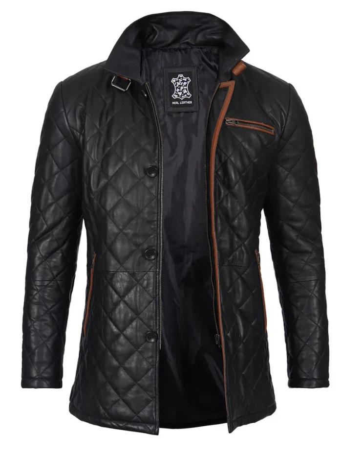 Glen Men's Black Quilted Leather Coat – Premium Real Lambskin with Modern Design