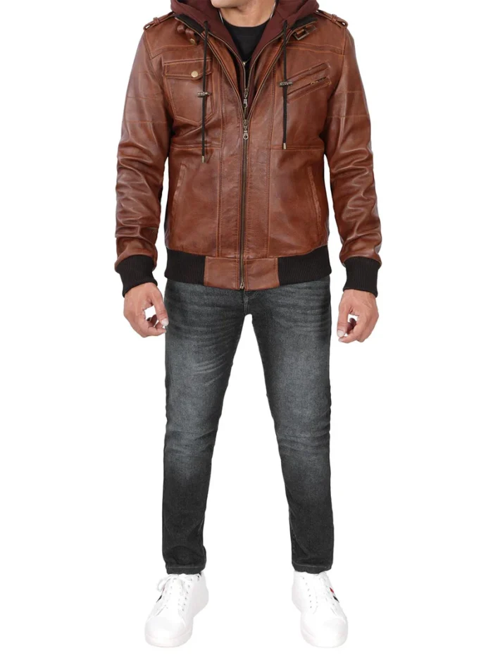 Edinburgh Men's Bomber Brown Leather Jacket with Removable Hood – Stylish & Versatile - Image 9