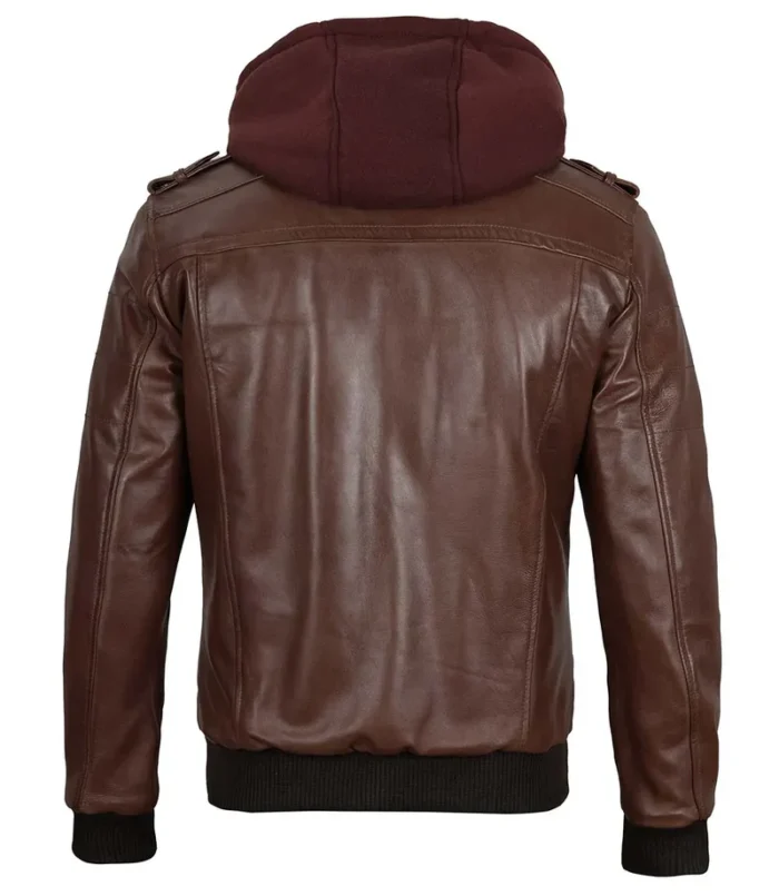 Edinburgh Men’s Bomber Dark Brown Removable Hooded Leather Jacket – Stylish & Versatile Outerwear - Image 2