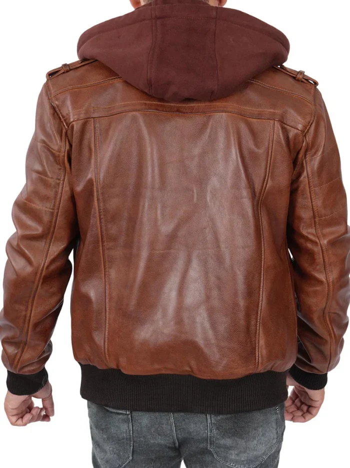 Edinburgh Men's Bomber Brown Leather Jacket with Removable Hood – Stylish & Versatile - Image 2