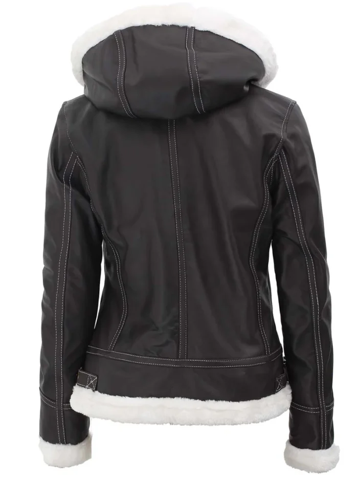 Mary Women's Leather Bomber Jacket with Fur Lining & Detachable Hood - Stylish Dark Brown Winter Coat - Image 2