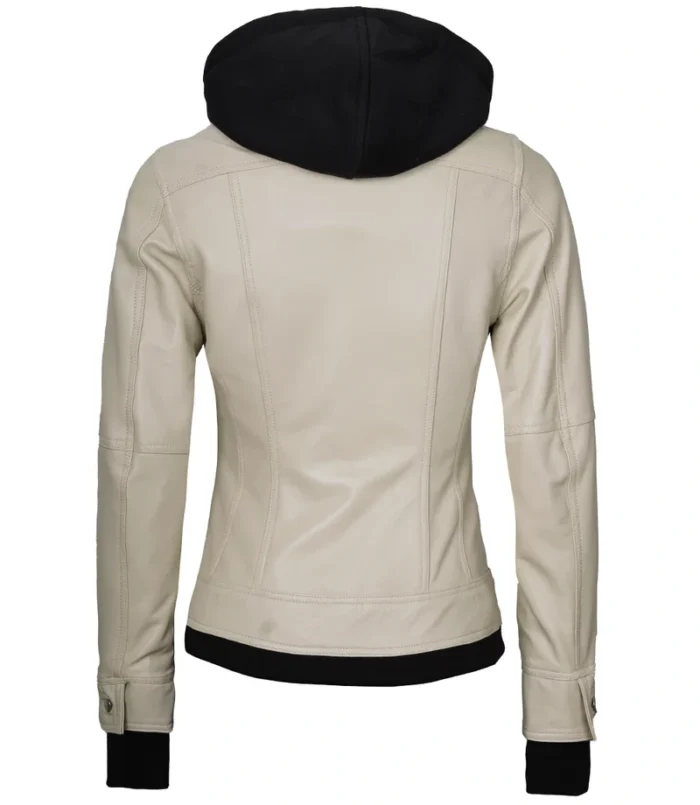 Women's Beige Motorcycle Leather Jacket with Hood – Stylish & Durable Outerwear for Every Ride - Image 2