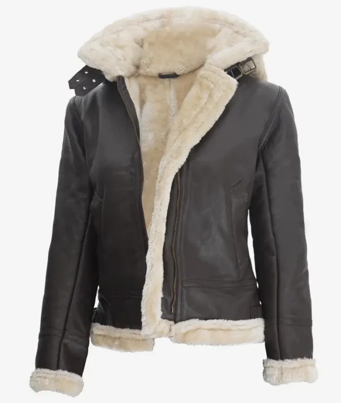 Women's Dark Brown Hooded Shearling Leather Jacket – Warm, Stylish & Cozy Outerwear - Image 2
