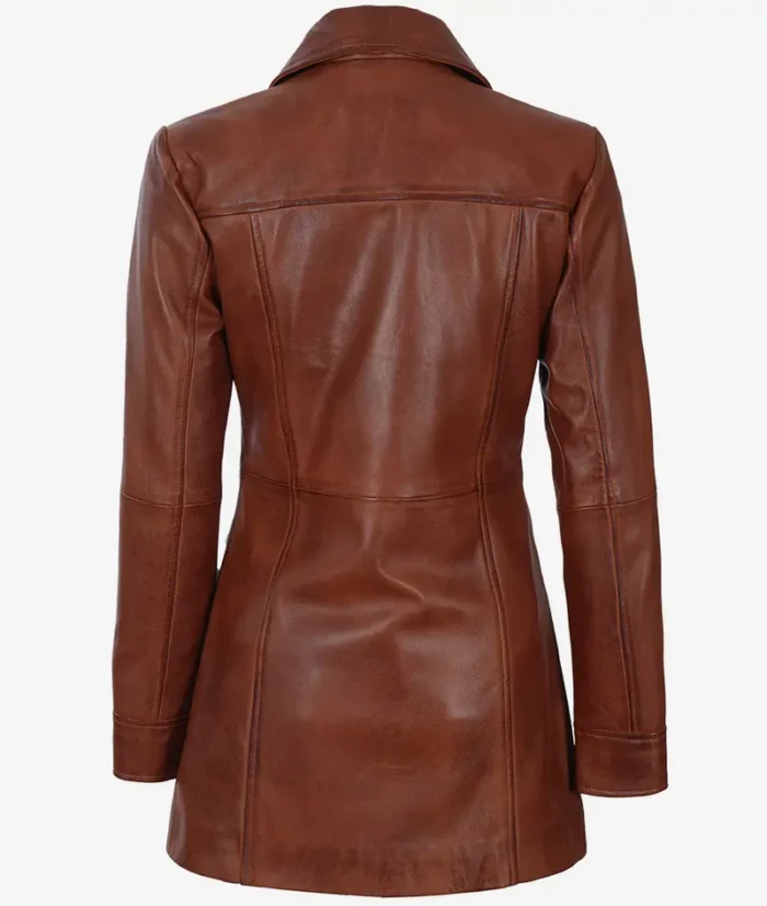 Women's Petite Cognac Brown Leather 3/4 Length Coat – Elegant, Slim Fit, Premium Outerwear - Image 2