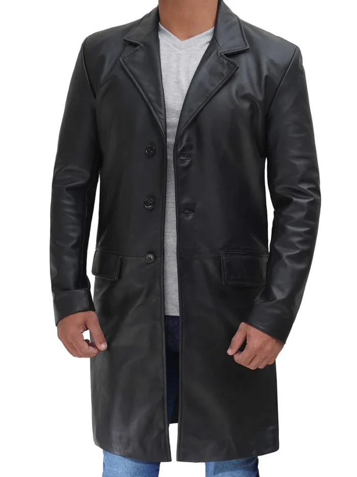 Men's Long Black Real Leather Trench Coat – Classic & Stylish Walking Coat for Winter - Image 3