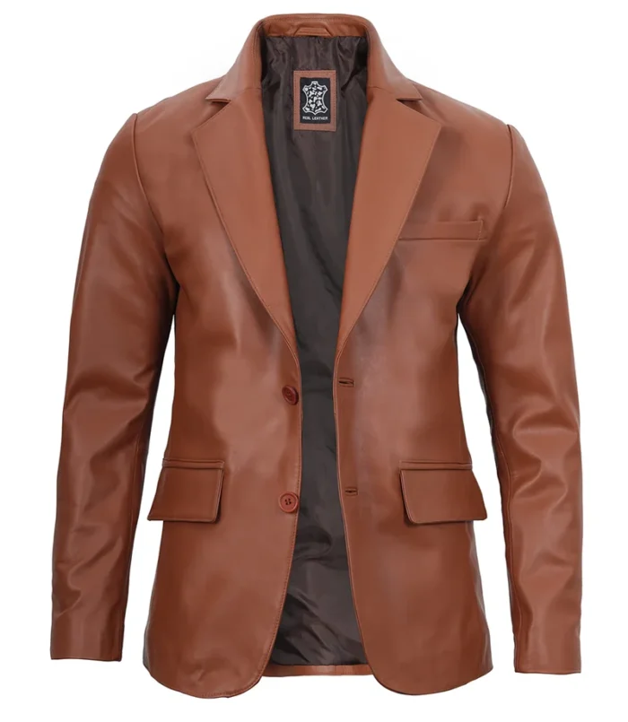 Men's Cognac Brown Real Leather Blazer – Premium Stylish Outerwear for Modern Sophistication - Image 3