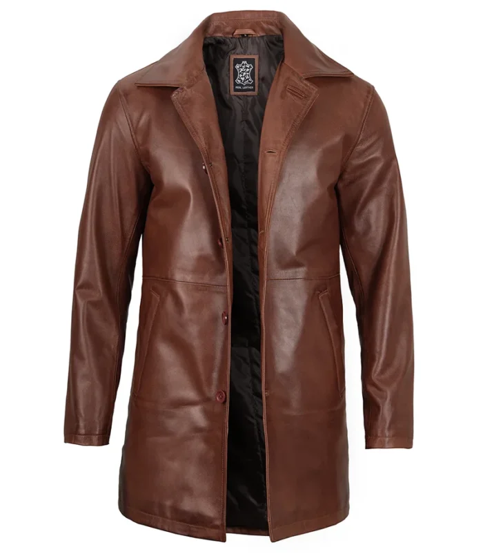 Men's Tan Brown 3/4 Length Leather Car Coat – Premium Leather Outerwear for All Seasons - Image 3