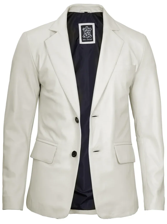 Men's Two Buttons Off White Leather Blazer – Elegant & Modern Outerwear for Every Occasion - Image 3