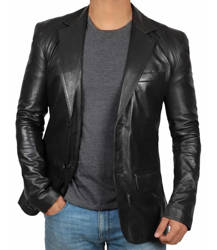 Men's Notch Lapel Two-Button Black Leather Blazer – Stylish, Premium Outerwear for Every Occasion - Image 3