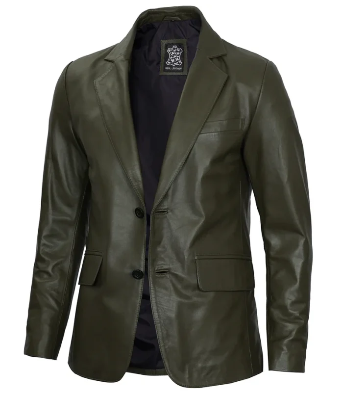 Men's Dark Green Leather Blazer – Slim Fit, Stylish, and Modern Outerwear - Image 3