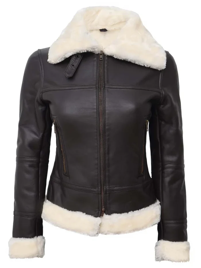 Frances Women’s Dark Brown Shearling Leather Bomber Jacket – Cozy & Chic Winter Outerwear - Image 3