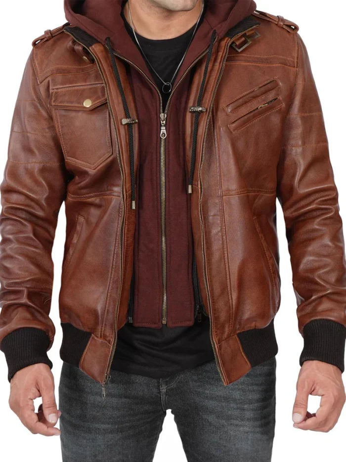 Edinburgh Men's Bomber Brown Leather Jacket with Removable Hood – Stylish & Versatile - Image 3