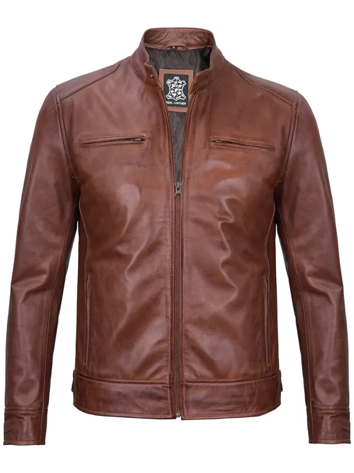 Dodge Men's Cognac Cafe Racer Leather Jacket – Sleek Style & Premium Quality - Image 3