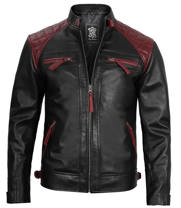 Rollins Men's Black and Maroon Quilted Cafe Racer Leather Jacket – Bold Style & Superior Comfort - Image 3