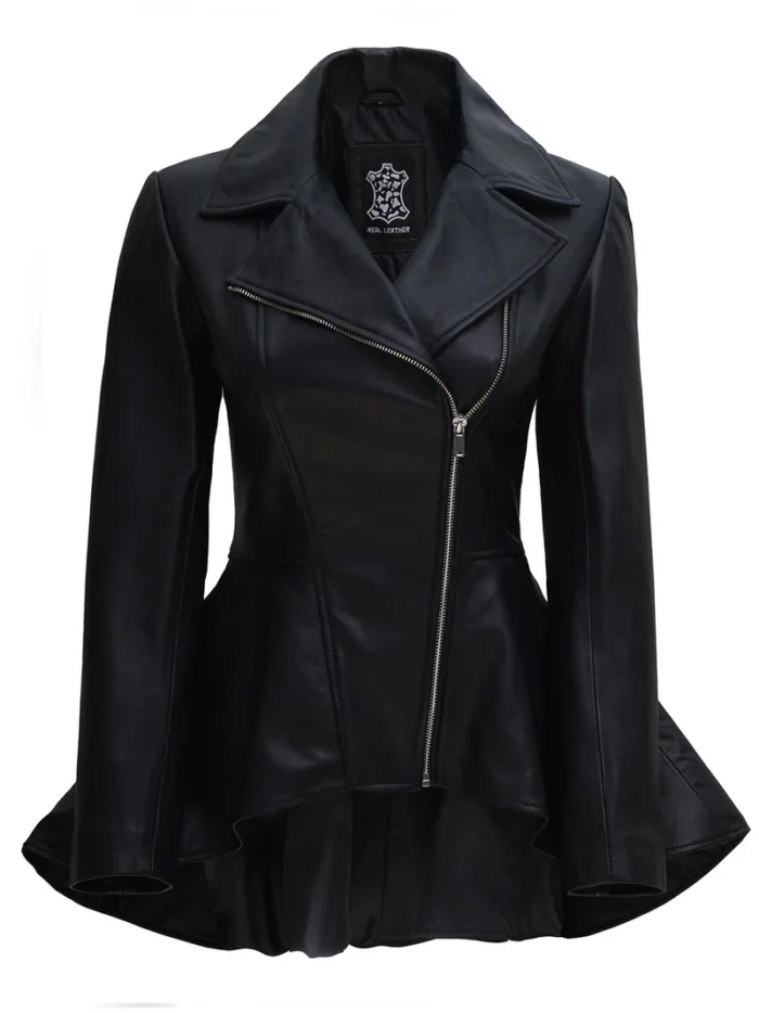 Clarissa Women's Black Asymmetrical Peplum Leather Jacket – Chic & Bold Fashion Statement - Image 3