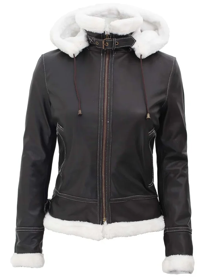 Mary Women's Leather Bomber Jacket with Fur Lining & Detachable Hood - Stylish Dark Brown Winter Coat - Image 3