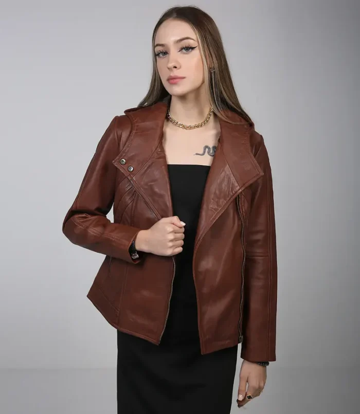 Cidra Women’s Asymmetrical Brown Hooded Leather Jacket – Stylish and Modern Leather Outerwear - Image 3