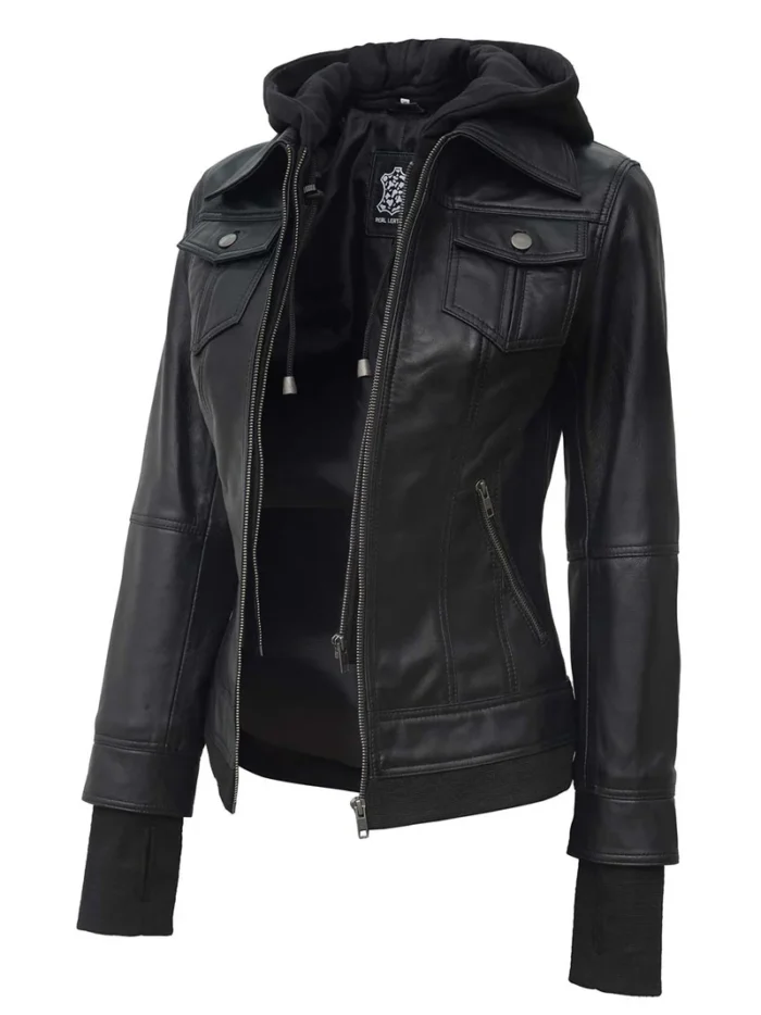 Tralee Petite Women’s Black Hooded Motorcycle Leather Jacket – Stylish & Comfortable Outerwear - Image 3
