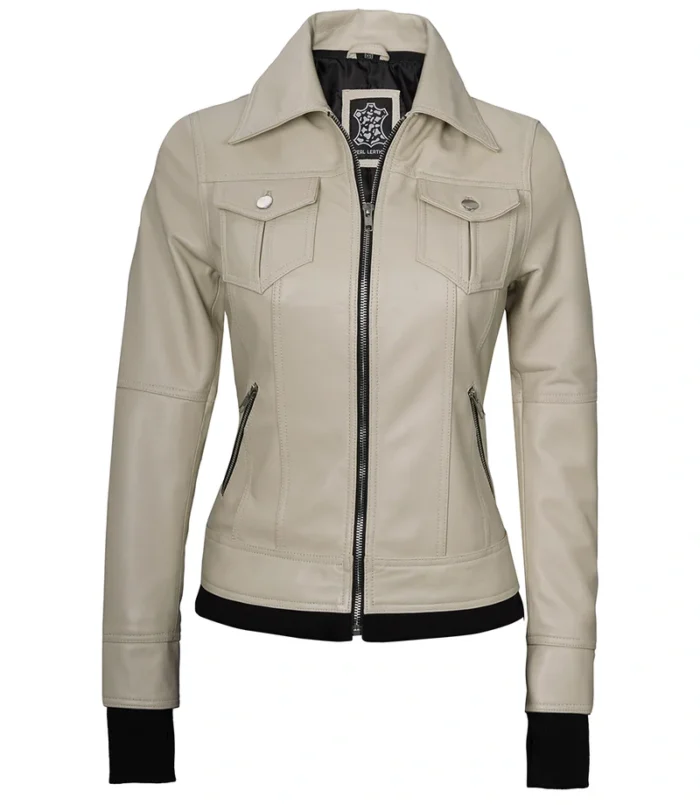 Women's Beige Motorcycle Leather Jacket with Hood – Stylish & Durable Outerwear for Every Ride - Image 3