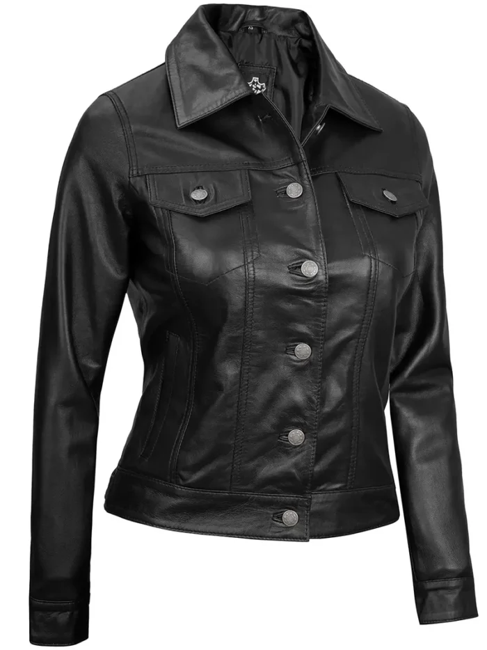 Fernando Women's Black Leather Trucker Jacket – Stylish, Durable & Timeless Outerwear - Image 3