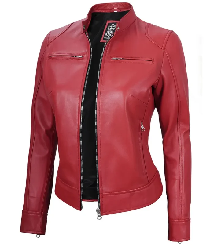 Women's Red Leather Café Racer Jacket – Slim Fit, Bold & Stylish Outerwear - Image 3