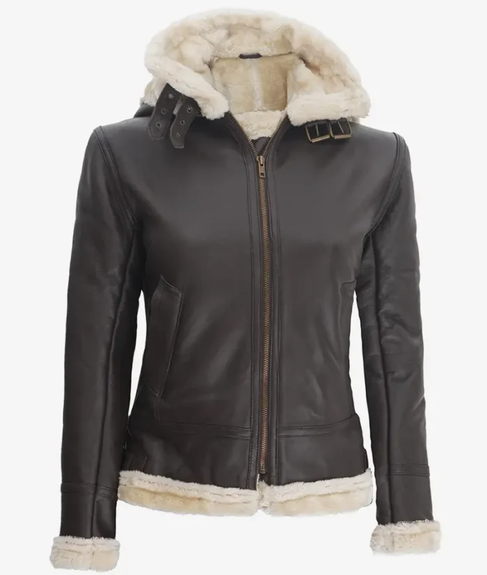 Women's Dark Brown Hooded Shearling Leather Jacket – Warm, Stylish & Cozy Outerwear - Image 3
