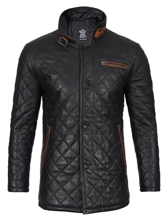 Glen Men's Black Quilted Leather Coat – Premium Real Lambskin with Modern Design - Image 3