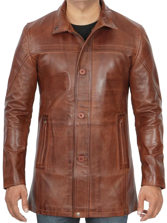 Bristol Men's Vintage Cognac Brown Leather Car Coat – Timeless Style & Premium Winter Outerwear - Image 3