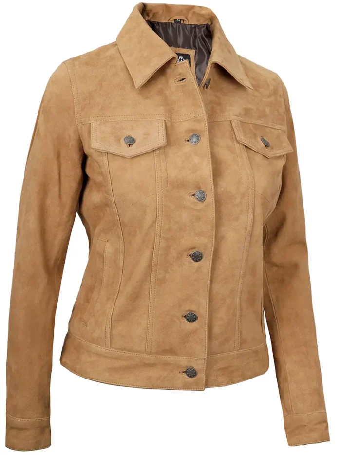 Women's Light Tan Suede Trucker Jacket – Stylish & Comfortable Outerwear - Image 3