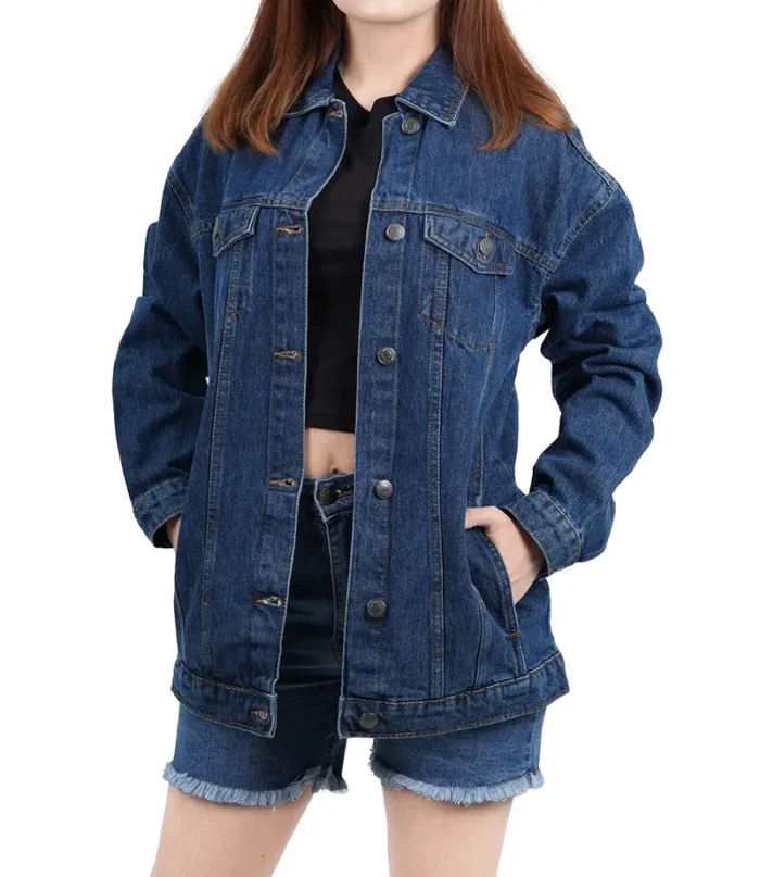 Women's Mid Blue Oversized Denim Jacket – Trendy & Comfortable Casual Outerwear - Image 3