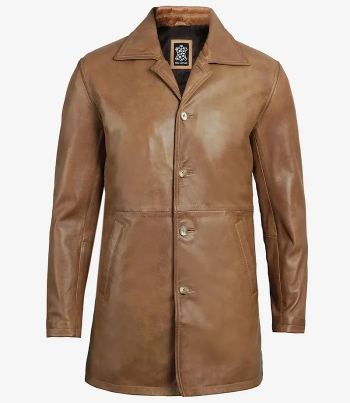 Winchester Men's Camel Brown 3/4-Length Leather Car Coat – Classic & Stylish Winter Outerwear - Image 4