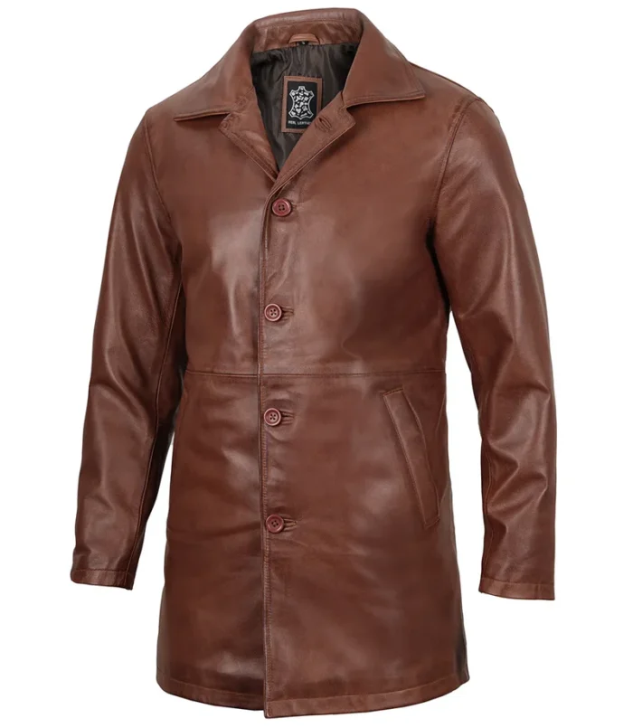 Men's Tan Brown 3/4 Length Leather Car Coat – Premium Leather Outerwear for All Seasons - Image 4