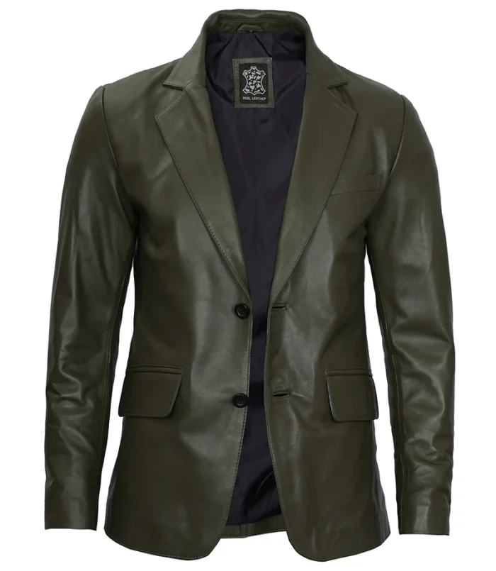 Men's Dark Green Leather Blazer – Slim Fit, Stylish, and Modern Outerwear - Image 4