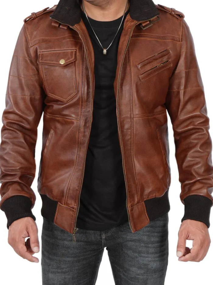 Edinburgh Men's Bomber Brown Leather Jacket with Removable Hood – Stylish & Versatile - Image 4