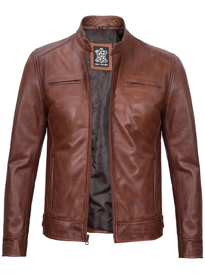 Dodge Men's Cognac Cafe Racer Leather Jacket – Sleek Style & Premium Quality - Image 4