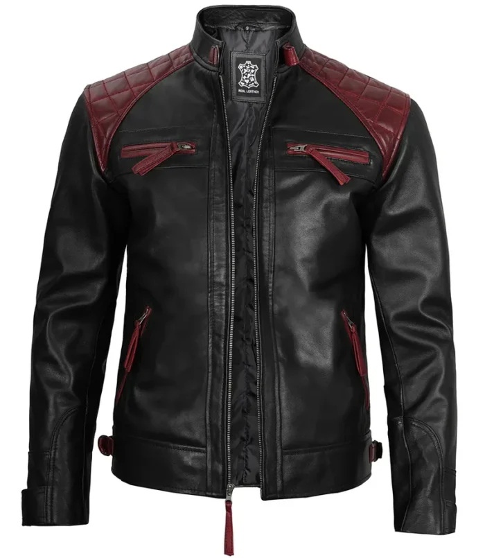 Rollins Men's Black and Maroon Quilted Cafe Racer Leather Jacket – Bold Style & Superior Comfort - Image 4