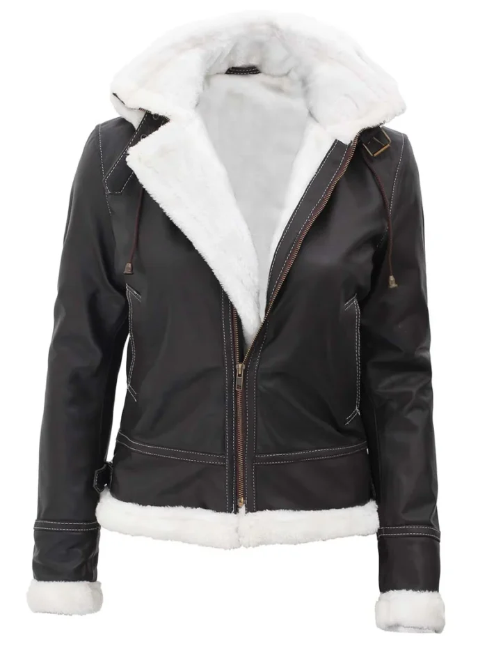 Mary Women's Leather Bomber Jacket with Fur Lining & Detachable Hood - Stylish Dark Brown Winter Coat - Image 4