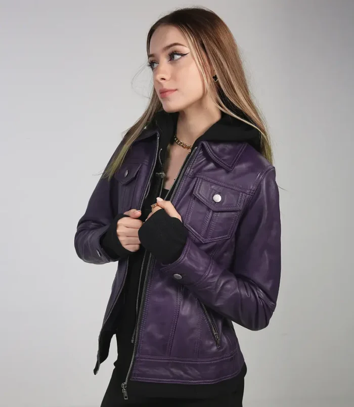 Women's Black Leather Motorcycle Jacket with Hood – Stylish & Durable Outerwear for Every Ride - Image 2