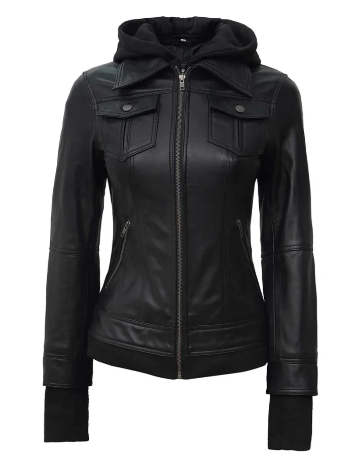 Tralee Petite Women’s Black Hooded Motorcycle Leather Jacket – Stylish & Comfortable Outerwear - Image 4