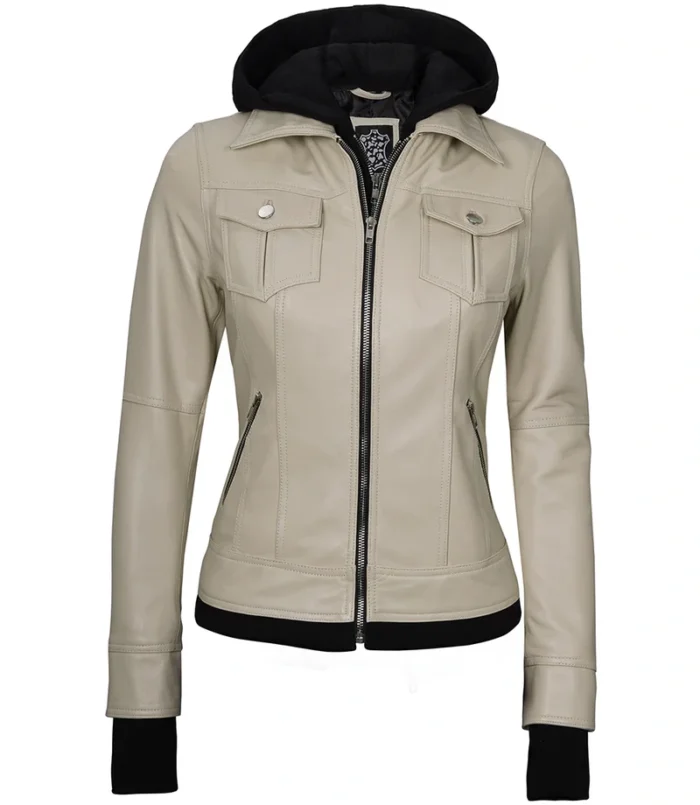 Women's Beige Motorcycle Leather Jacket with Hood – Stylish & Durable Outerwear for Every Ride - Image 4