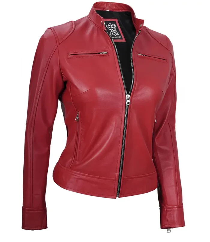 Women's Red Leather Café Racer Jacket – Slim Fit, Bold & Stylish Outerwear - Image 4