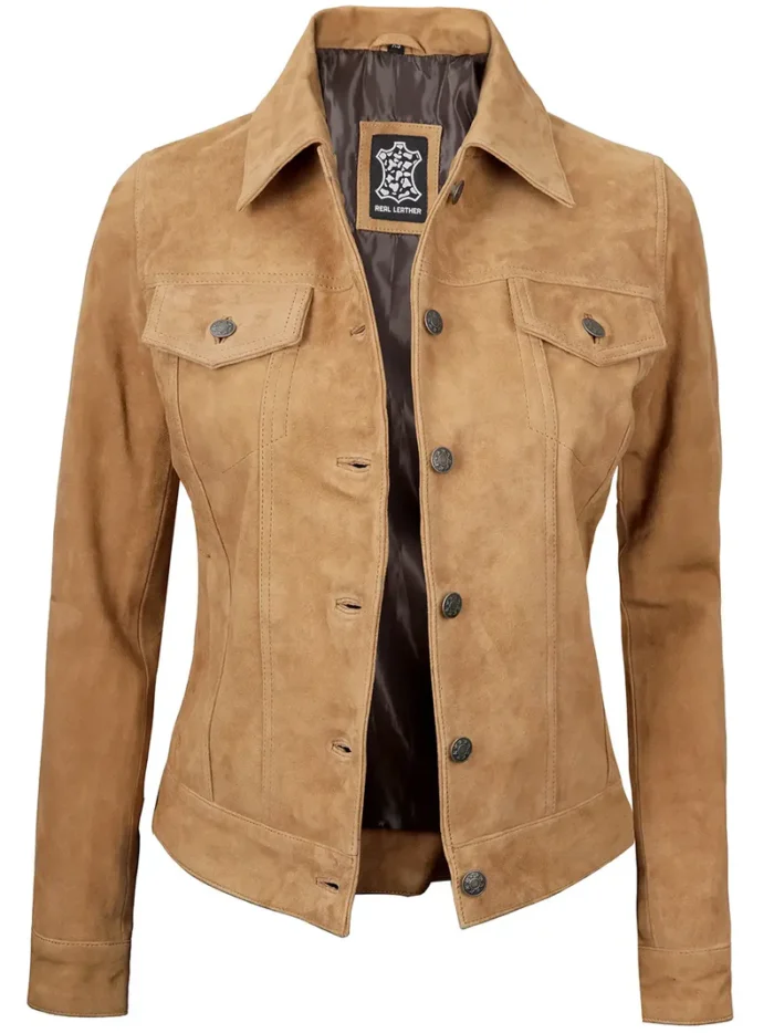 Women's Light Tan Suede Trucker Jacket – Stylish & Comfortable Outerwear - Image 4