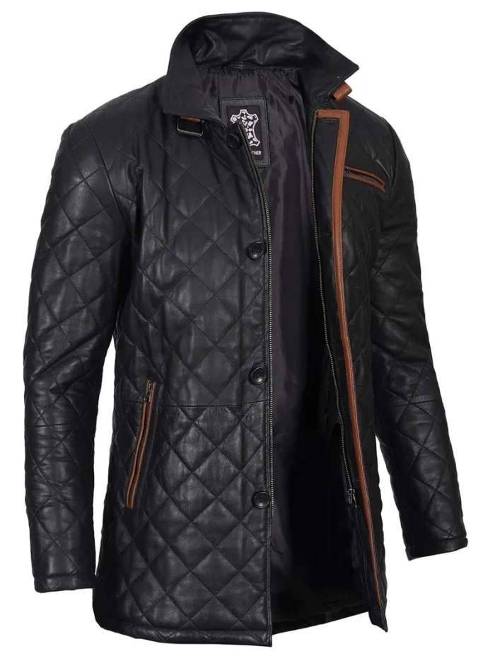 Glen Men's Black Quilted Leather Coat – Premium Real Lambskin with Modern Design - Image 4