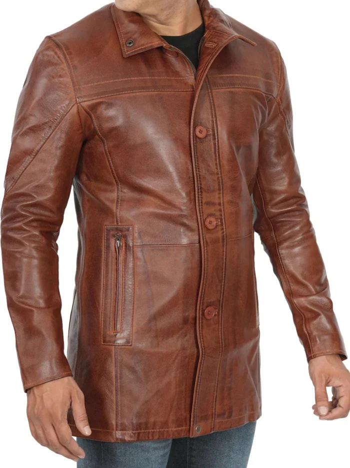 Bristol Men's Vintage Cognac Brown Leather Car Coat – Timeless Style & Premium Winter Outerwear - Image 4