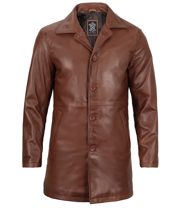 Men's Tan Brown 3/4 Length Leather Car Coat – Premium Leather Outerwear for All Seasons - Image 5
