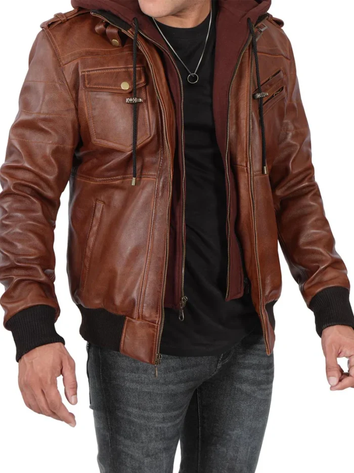 Edinburgh Men’s Bomber Brown Leather Jacket with Removable Hood – Stylish & Functional Outerwear - Image 5