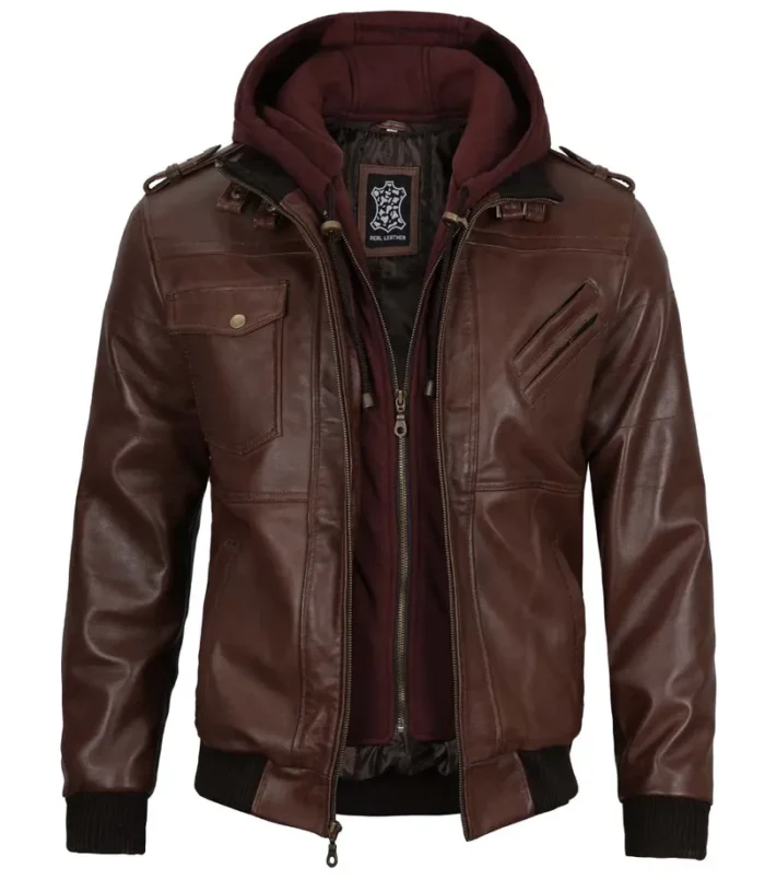 Edinburgh Men’s Bomber Dark Brown Removable Hooded Leather Jacket – Stylish & Versatile Outerwear - Image 5