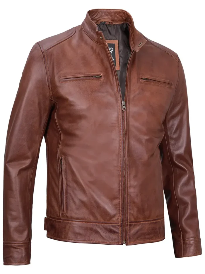 Dodge Men's Cognac Cafe Racer Leather Jacket – Sleek Style & Premium Quality - Image 5